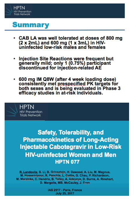 Safety Tolerability And Pharmacokinetics Of Long Acting Injectable Cabotegravir In Low Risk Hiv Uninfected Women And Men Hptn 077